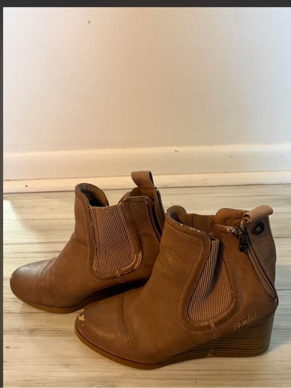 Blowfish Cognac Brown Wedge Ankle Booties with Side Zip